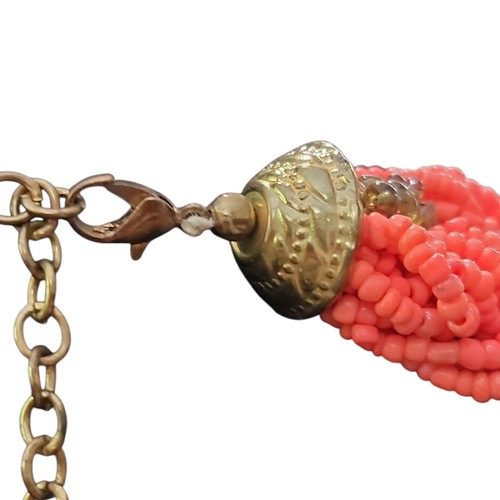 Braided Statement Choker Necklace Orange Coral Color Gold Tone Beaded Summer - Picture 17 of 21