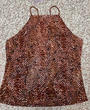 VTG 90s Y2K Venus Brown Sequined Animal Print Spaghetti Strap Top Size M