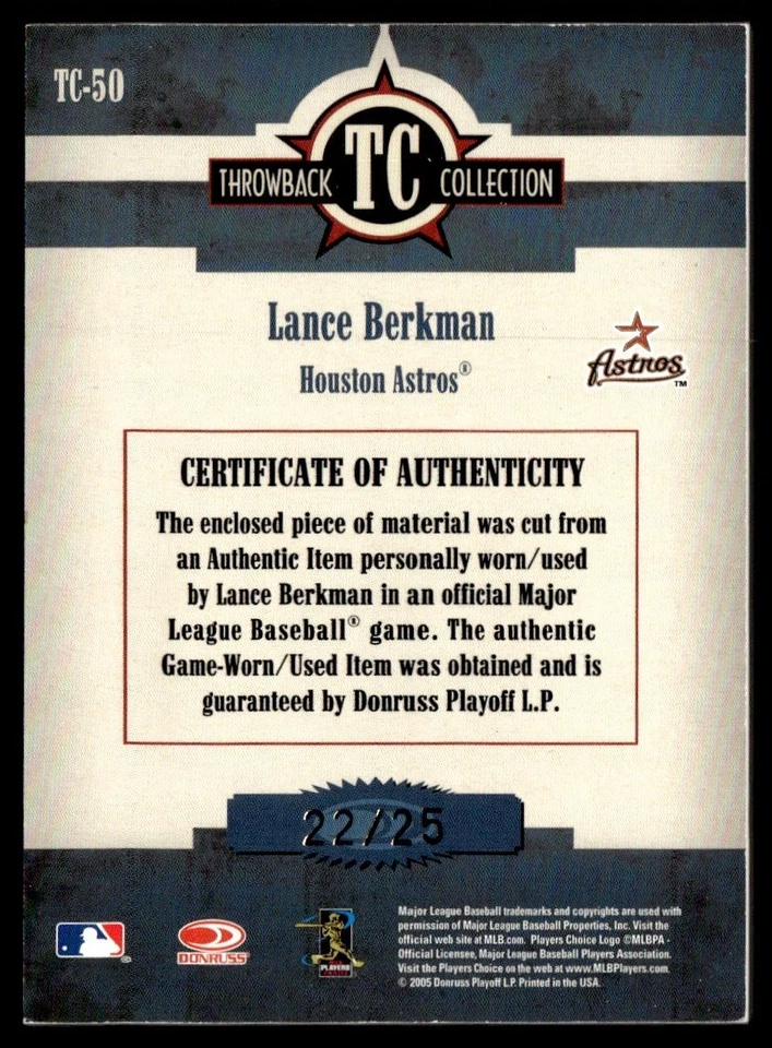 Donruss Throwback Threads Collection Material Prime Lance Berkman 2005 22/25 Foto 2 de 2