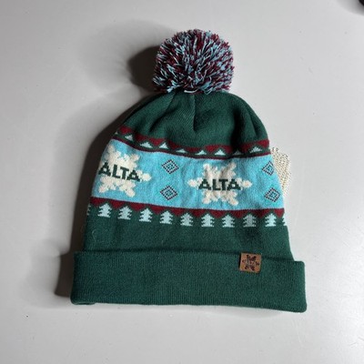 Alta Ski Area Beanie Powder House Ski Shop Green Blue Snowflake Pom Pom Hat
