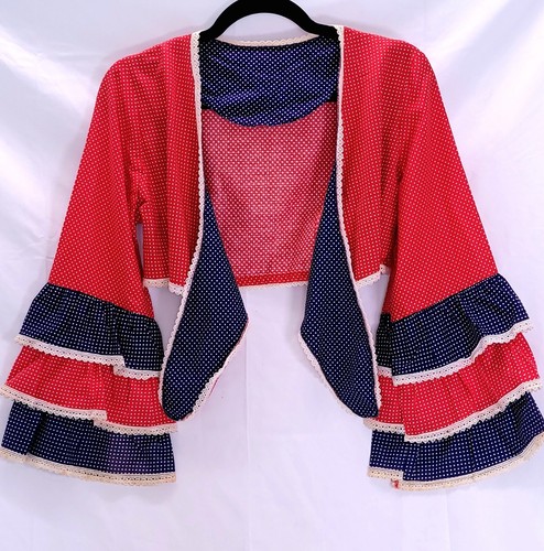 Rare Vtg 1970s Tie Front Wrap Polka Dot Ruffle Bell Sleeve Midriff Crop Top S/M - Picture 1 of 14