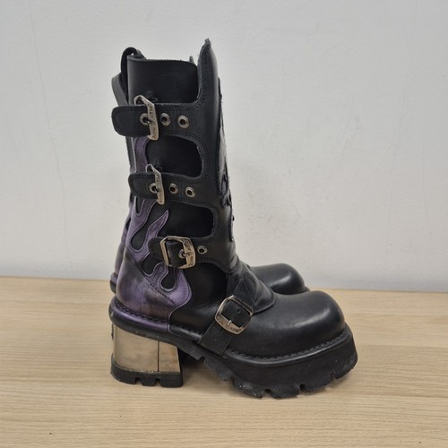New Rock Reactor Dragon Flame Leather Chunky Platform Black Boots Uk 6.5 Eu 40 - Picture 6 of 10