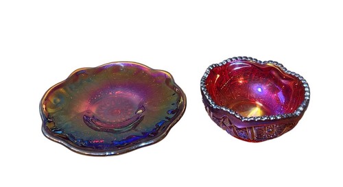 VTG Indiana Glass Iridescent Sunset Carnival Glass Trinket Bowl & Plate Set Red - Picture 7 of 12