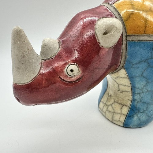 South Africa Colorful Rhinoceros Studio Pottery Figurine Signed Raku - Picture 10 of 22