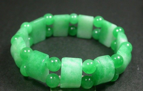 Genuine Natural Green Jade Rectangle Bamboo Beads Elastic Rope Bangle Bracelet - Picture 4 of 4