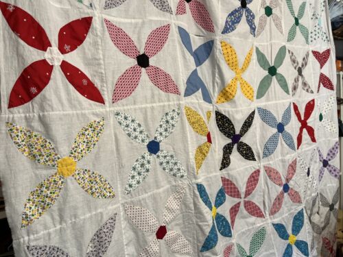 Edredón Top Vintage 1940’s 1950’s Whirligig Appliqué 76”x 78” Twin 1 de 2! - Imagen 2 de 9