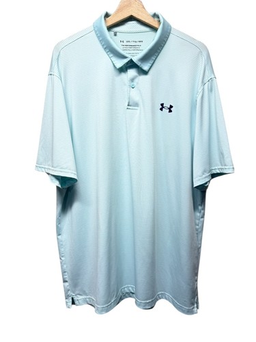 Under Armour Polo Mens 2XL Blue Striped Short Sleeve Heat Gear Casual Golf Shirt