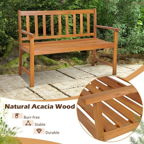 2-Person Outdoor Garden Natural Acacia Wood Bench w/ Backrest Ergonomic Armrest - Picture 4 of 8