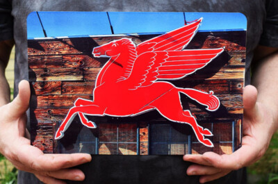 Vintage Metal Sign 12x8 Pegasus Mobil Flying Red Horse Wings