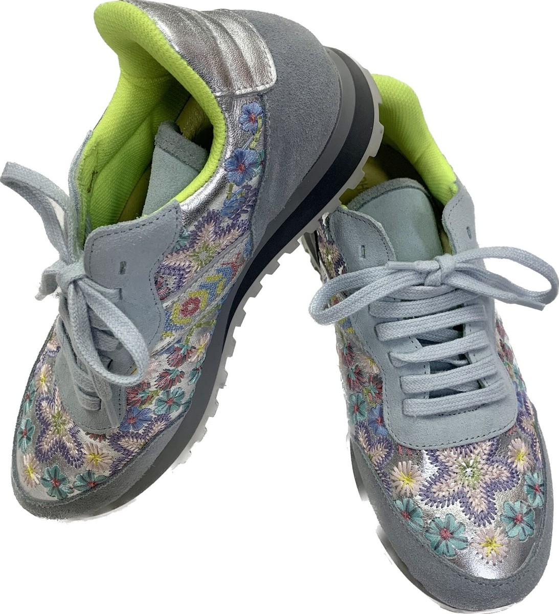 Johnny Was Keya Shine Sneakers Blue Floral Embroidered Athletic