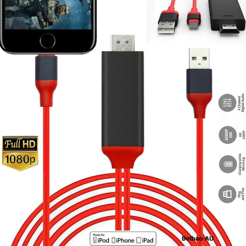 1080P Phone to HDMI HDTV AV TV Adapter Digital Cable For iPhone 14/13/11/XR/iPad - Image 2 of 4