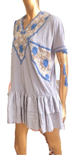 MANOUSH TUNIC DRESS,EMBROIDERED MINI DRESS,LINEN MIX DESIGNER GREY BOHO DRESS XS