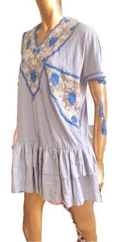 MANOUSH TUNIC DRESS,EMBROIDERED MINI DRESS,LINEN MIX DESIGNER GREY BOHO DRESS XS - Picture 1 of 12