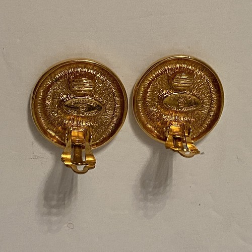 CHANEL CC Logo Earrings Vintage Gold Plate Clip Round Signed France Designer - Picture 12 of 14