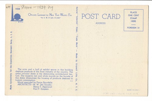 Vintage Postcard New York World's Fair 1939 Food Building Number Two - Imagen 2 de 4