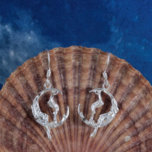925 Silver moon rider dangle earrings with swinging girl Sterling Diamond cut - Picture 5 of 6