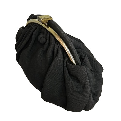 Vintage Gathered Clutch Bag Black Fabric w Coin Satin Lined Gold Clasp Closure - Picture 6 of 20