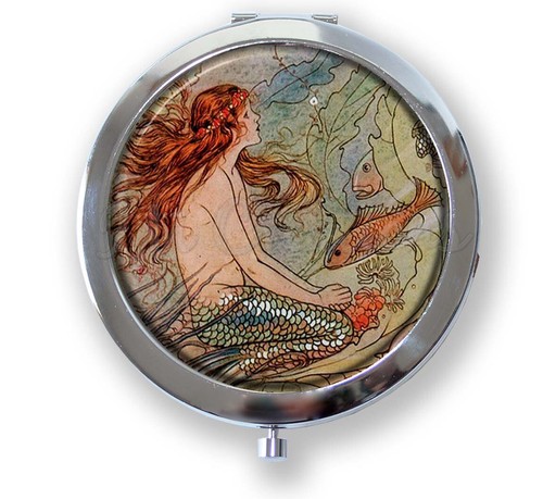 Mystical Mermaid Sea Life Art - Handmade Compact Mirror Keepsake Momento Bridal - Picture 1 of 4