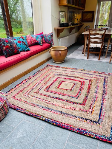 Square Rug Braided Rugs Jute Multi Colour Recycled Fabric Flat Weave Reversible - Picture 13 of 31
