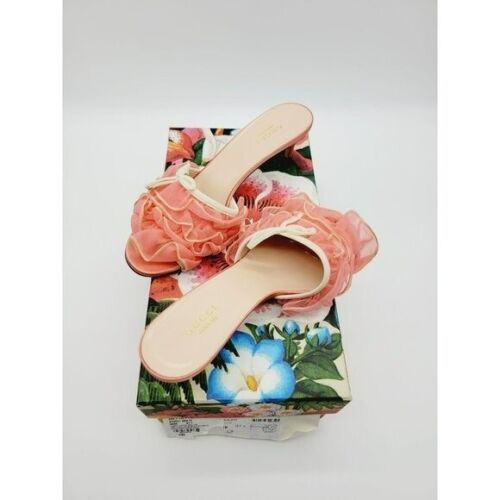 Gucci Soft Toulle Peach Pink Low Heel Slide Sandals Size 37.5 - Picture 2 of 10