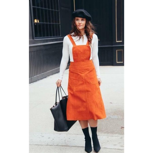 $198 Free People Orange Suede Apron Dress Cow Leather Retro Midi Length NEW F542 - Picture 3 of 12