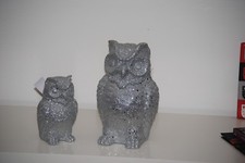 Deko Eule  2 er SET - H 26 cm und 17 cm , Figur Eule Silber Glitzer