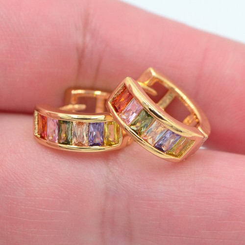 18K Yellow Gold Filled Women Multicolour Mystic Topaz Hoop Huggie Earrings - Picture 2 of 24