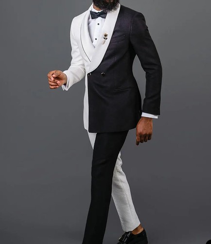 Men's Black White Suits Wedding Tuxedos Double Breasted Shawl Lapel Blazer Suits - Picture 2 of 10