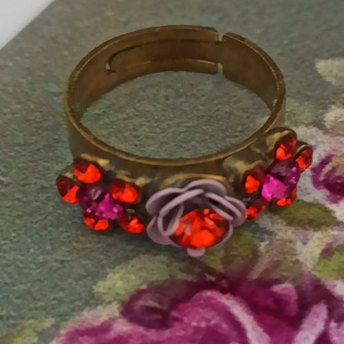 Michal Negrin Ring Floral Band Rose Hot Orange Pink Crystals Romantic Statement - Picture 8 of 15