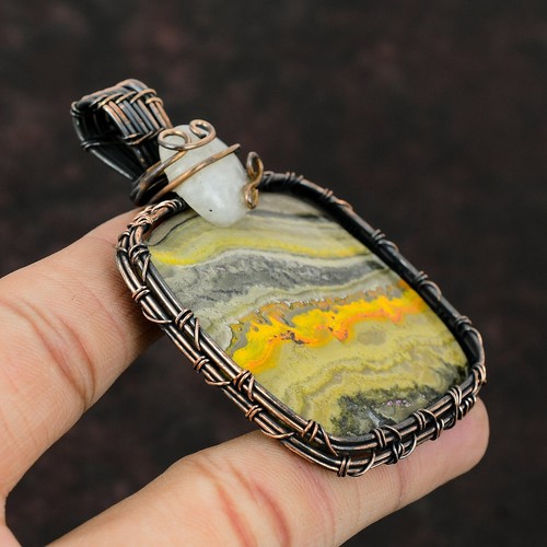 Bumble Bee Jasper Wire Wrapped Pendant Handcrafted Copper Holiday 2.95" - Picture 4 of 6