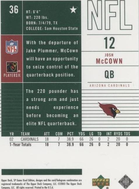 2003 SP Game Used Edition Josh McCown #36
