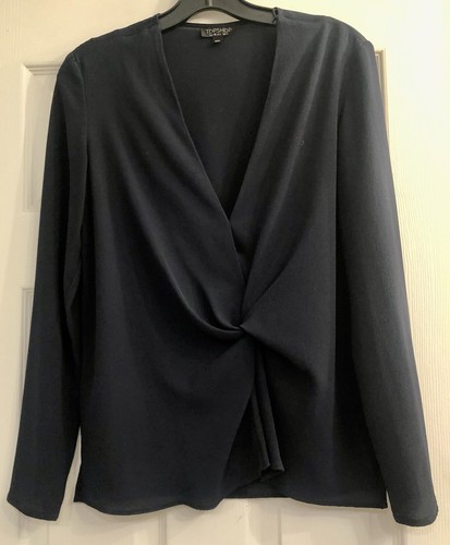 Top Shop Twisted Knot Front Size 6 Navy Blue V Neck Long Sleeve Blouse