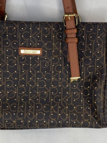 Calvin Klein Studded Double Handled Monogram Shoulder Handbag, Brown/Tan Leather - Picture 5 of 13