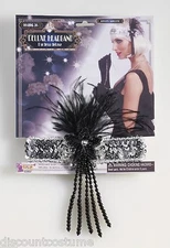 DELUXE SILVER SEQUIN BEADED FLAPPER HEADBAND w/BLACK FEATHER COSTUME ACCESSORY
