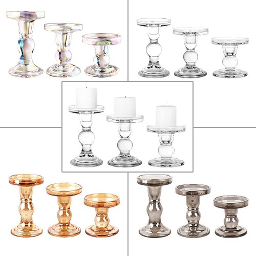 Set of 3 Glass Candle Holder, Crystal Clear Pillar Candle Stand, Decorative - Picture 7 of 7