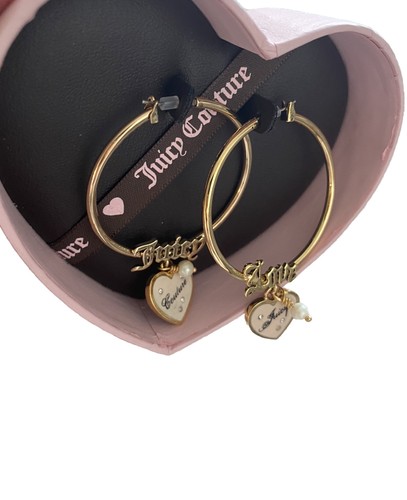 NIB Juicy Couture LOVE JUICY Gold Tone Hoops with Heart Charm Earrings - Picture 3 of 4