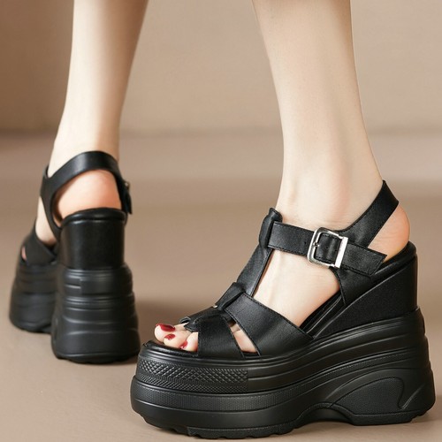 Womens Plus Size 46 Cow Leather High Heel Sandals Wedges Pumps Big Size 47 Shoes - Picture 4 of 13