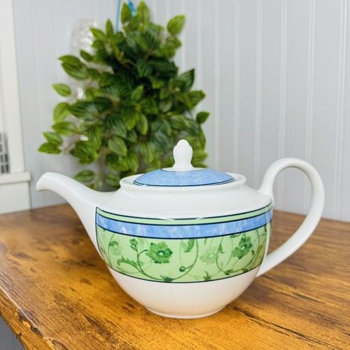 Wedgwood WATERCOLOUR 4-Cup Teapot White Green Blue Floral Band Tea Pot England - Picture 2 of 10