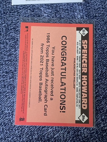 2021 Topps 1986 Topps Baseball Auto Spencer Howard #86A-SH Rookie Auto RC - Picture 2 of 3