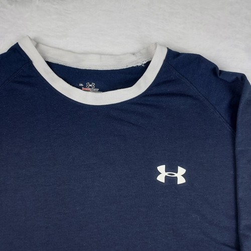 Under Armour T Shirt Mens XL HeatGear Navy Blue White Trim Short Sleeve - Picture 2 of 6