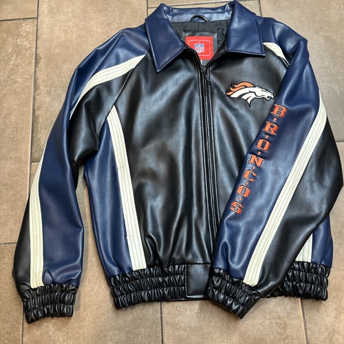 Vintage 90s Denver Broncos NFL Jacket Size Medium Faux Leather Black Navy Nice!