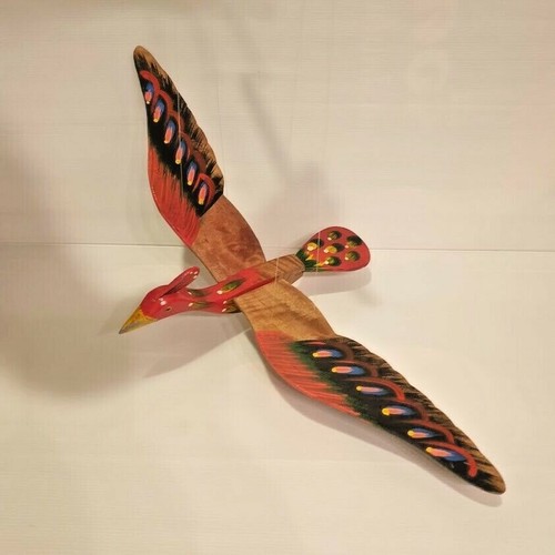 Mobile Peacock Wood Carved Hand Painting Wooden Hanging Horn Bill Porch - Picture 6 of 11