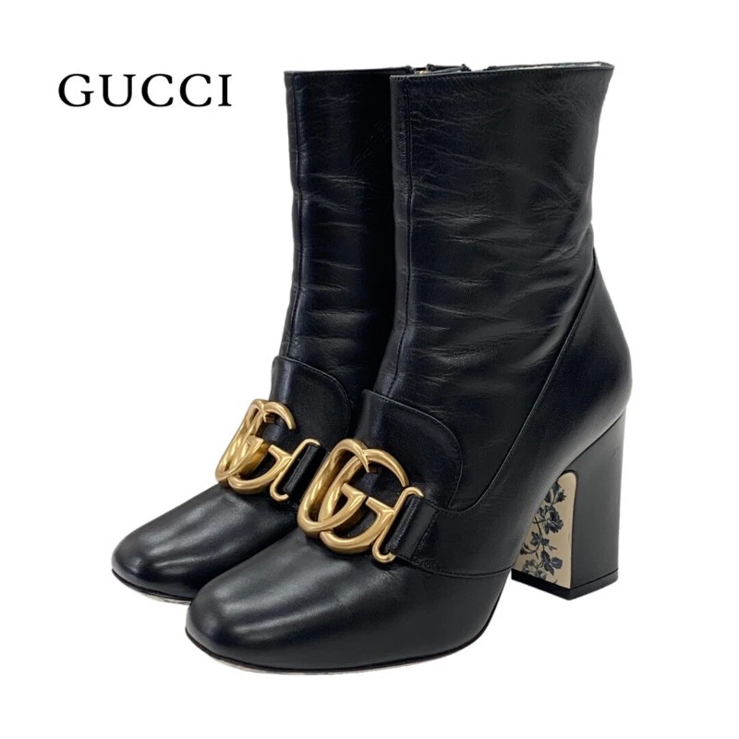 Gucci Double G Bottes Chaussures Courtes GG Marmont Cuir Noir Occasion TIEE 0