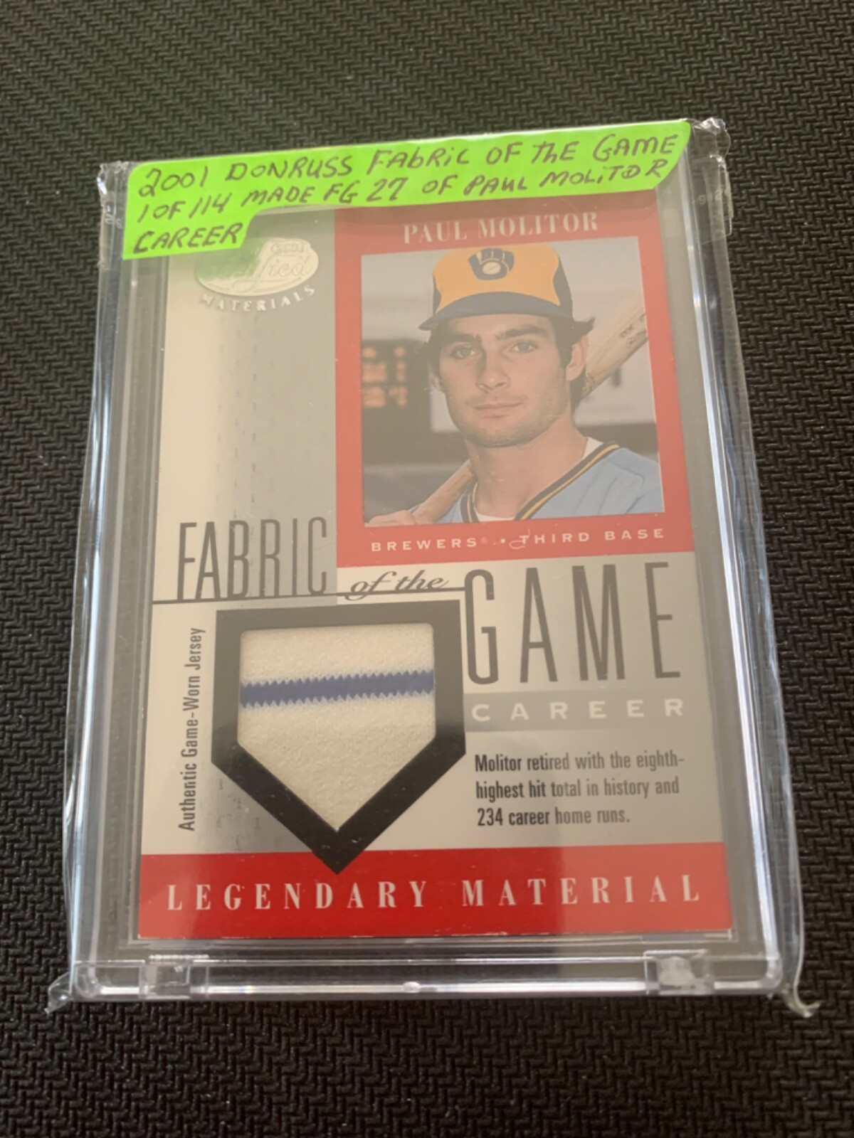 2001 Leaf Certified Materials - Fabric of the Game Paul Molitor #FG-27 Career...