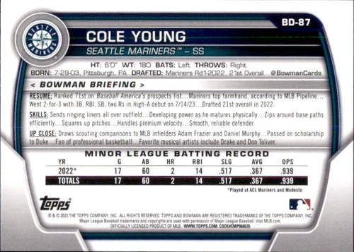 LOT OF 50 2023 BOWMAN DRAFT BASE PAPER PROSPECT BD87 COLE YOUNG MARINERS - Picture 2 of 2