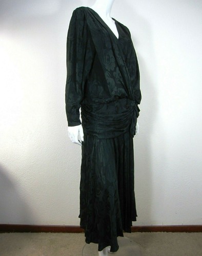 Vintage SAINT ROMEI Pure Silk Black Midi Dress Size L Drop Waist - Picture 9 of 12