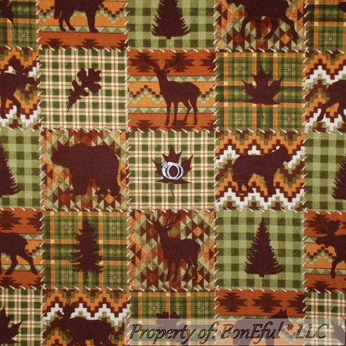 BonEful Fabric FQ Flannel Cotton Quilt VTG Brown Green Leaf Deer Bear Moose Tree - Picture 1 of 12