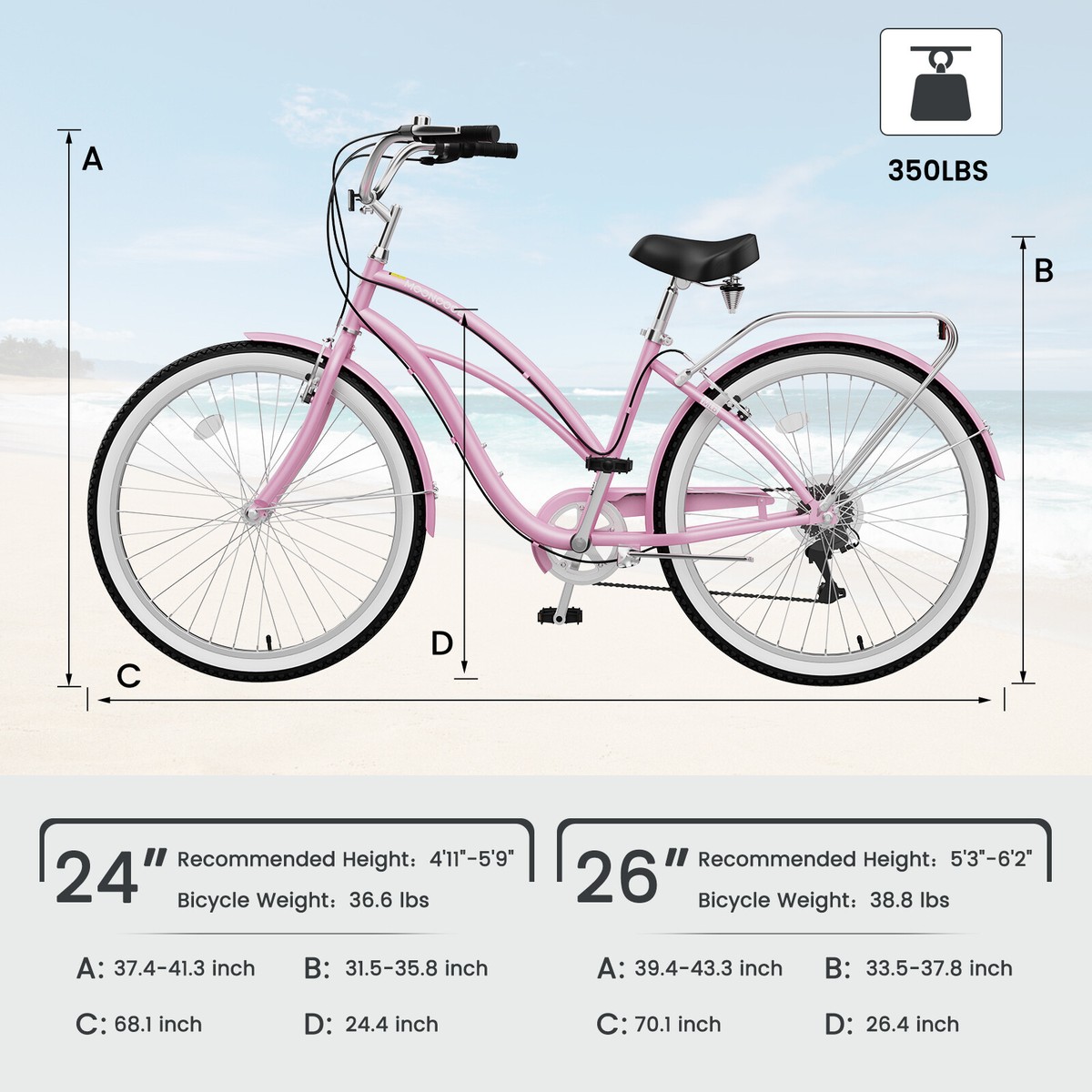 MOONCOOL Beach Cruiser Bike for Women 26 inch Womens Bike 7