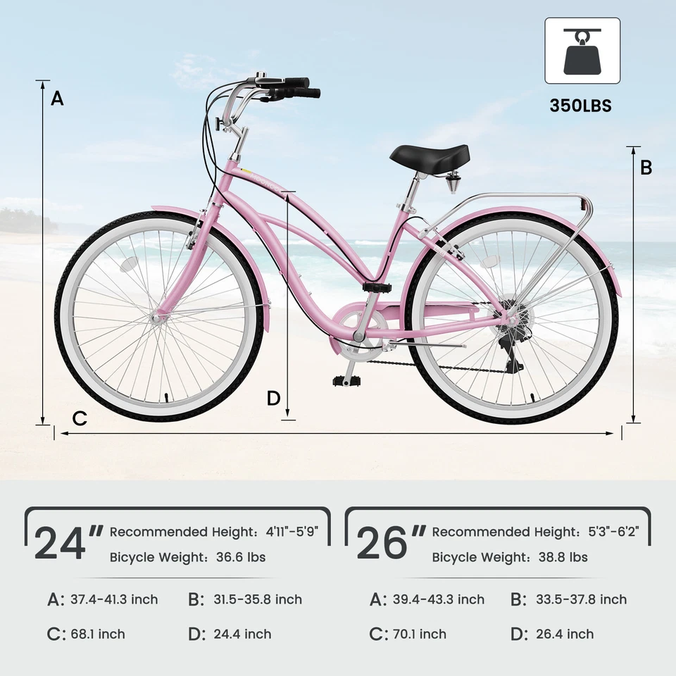 MOONCOOL Beach Cruiser Bicicleta Feminina 24" 7 Velocidades Bicicleta Urbana Bicicleta Rosa - Imagem 2 de 4