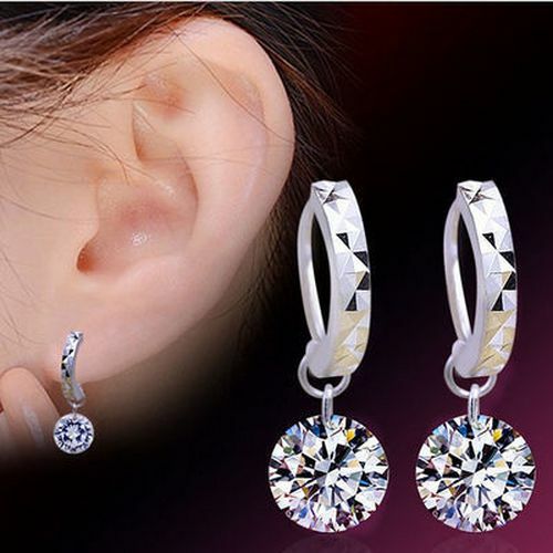 925 Sterling Silver Feather Temperament Earring Crystal Ear Hoop Women's Jewelry - Picture 1 of 12